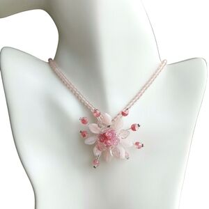 Vintage Czech pink flower necklace fire polished beads
